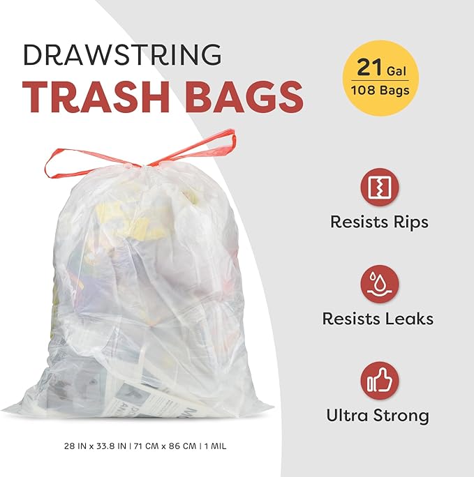 21 Gallon Trash Bags XL-Large Garbage Bags with Drawstring 108 Count Heavy Duty Trash Can Liners for Kitchen Office Yard Commercial Use Clear