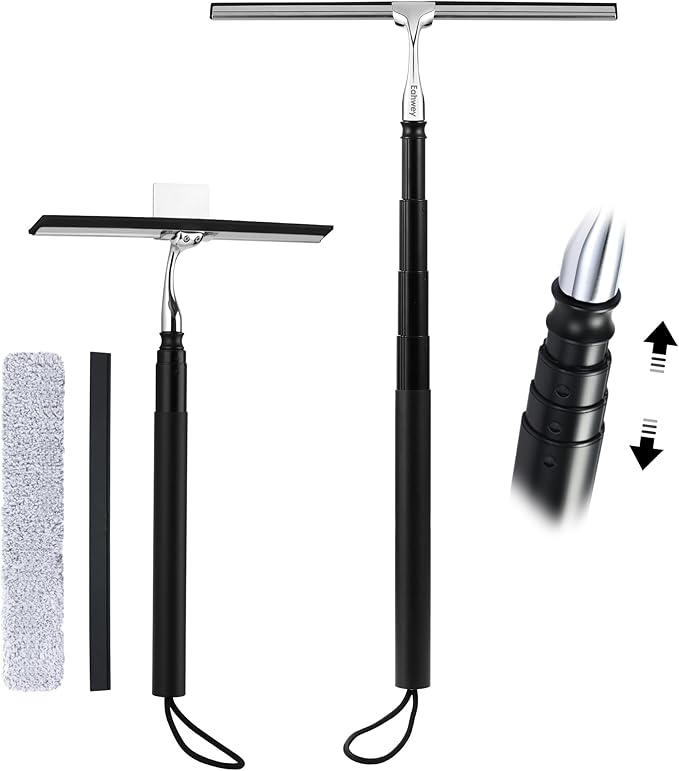 12-51’’ Telescopic Window Squeegee for High Windows 2-in-1 Window Cleaning Kit with Extra Silicone Blade &amp Hook Professional Squeegee for Shower Glass Doors (Window Squeegee for Home)