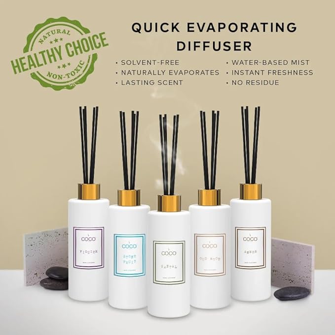 COCO by Stone 5oz Reed Diffuser (Santal) – Luxury Scented Oil Diffuser for Home Aromatherapy Long-Lasting Vegan Fragrance Elegant Home Décor and Air Freshener