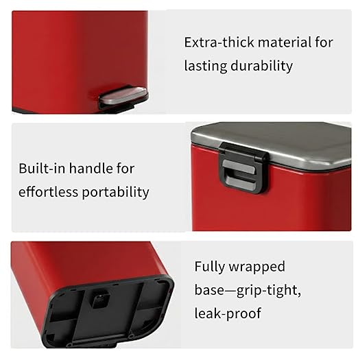 Metal Bathroom Trash Can with Stainless Steel Lid 23l / 6.1gal Covered Step Toilet Waste Basket Soft Close Rectangle Garbage Can with Inner Bucket for Medium Bedroom Near Desk Kitchen Office Red