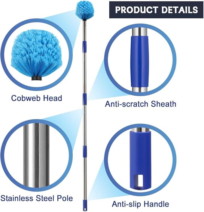 Extended Reach Cobweb Duster with 8-Foot Pole - Medium Bristle Brush for Ceiling Wall and Indoor/Outdoor Cleaning Lightweight Stainless Steel (10FT)