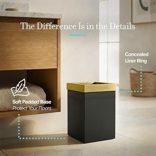 Gatco Small Bathroom Trash Can With Lid Square 3 Gallon Stainless Steel Wastebasket Under Sink Matte Black And Brushed Brass For Bathroom Bedroom Office (1934)