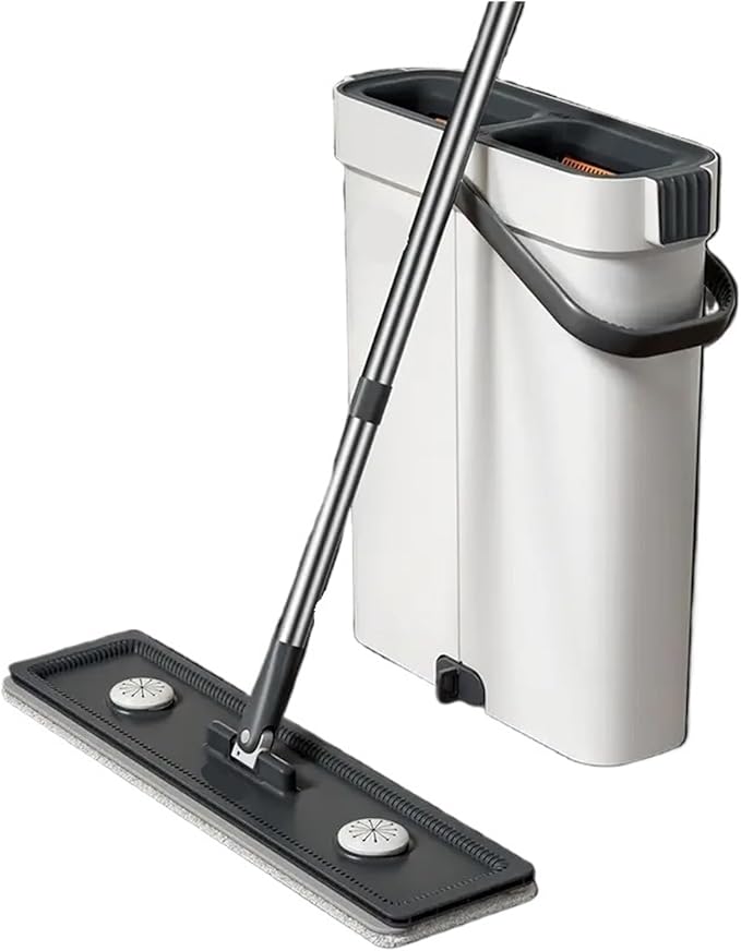 Hand Free Flat Mop 40cm Spin Floor Cleaner Combo Set with Bucket Washable Microfiber Wet Dry Bathroom Toilet Home Mops(40cm Bucket-2-Mop)