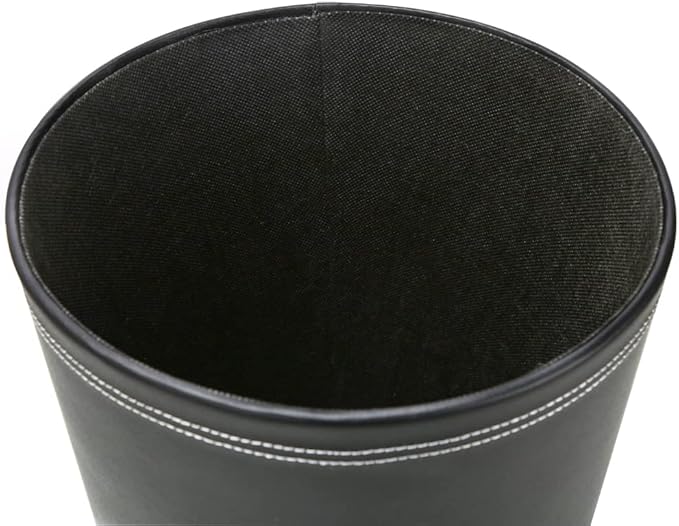 KINGFOM Classic Pu Leather Trash Can Wastebasket Small Garbage Container Can for Bathrooms Powder Rooms Kitchens Home Office and and High Class Hotel Round Black
