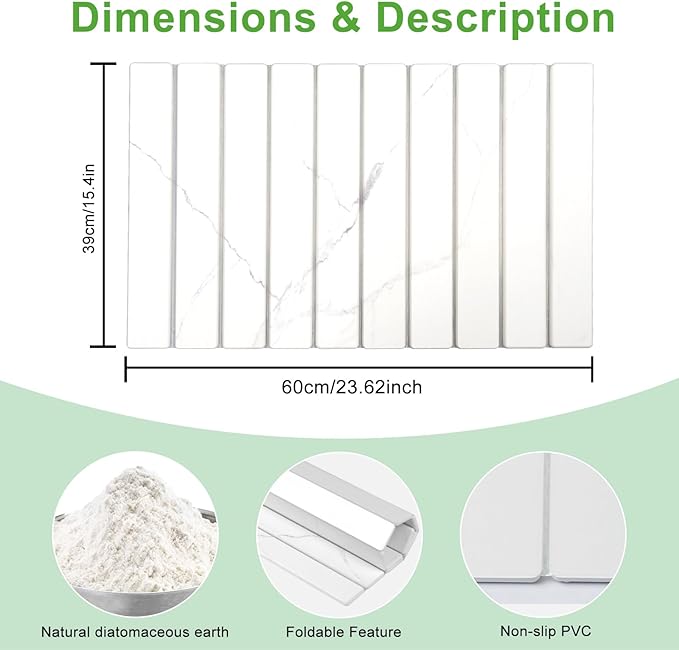 Large Stone Drying Mat for Kitchen Counter - 24x16Quick Drying Fast Absorbent Non-Slip kitchen Dish Drying Mats Friendly Foldable Diatomaceous Earth Mats for Dishes CupsMatch Any Countertop