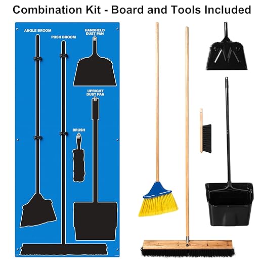 Clean &amp Sweep 5S Shadow Board/Wall Mount Broom Holder 68 x 30 Board 5S Cleaning Station - with Broom and Dustpan Set Included Made in The USA by AccuformNMC Blue/Black PSB716BUBK