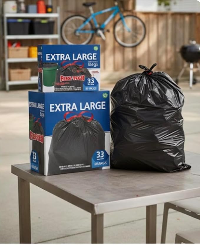 Kirklant Signatures Flex-Tech 33 Gallon Extra Large Trash Bags Drawstring Leak Protection &amp Tear Resistant Black 90 Count