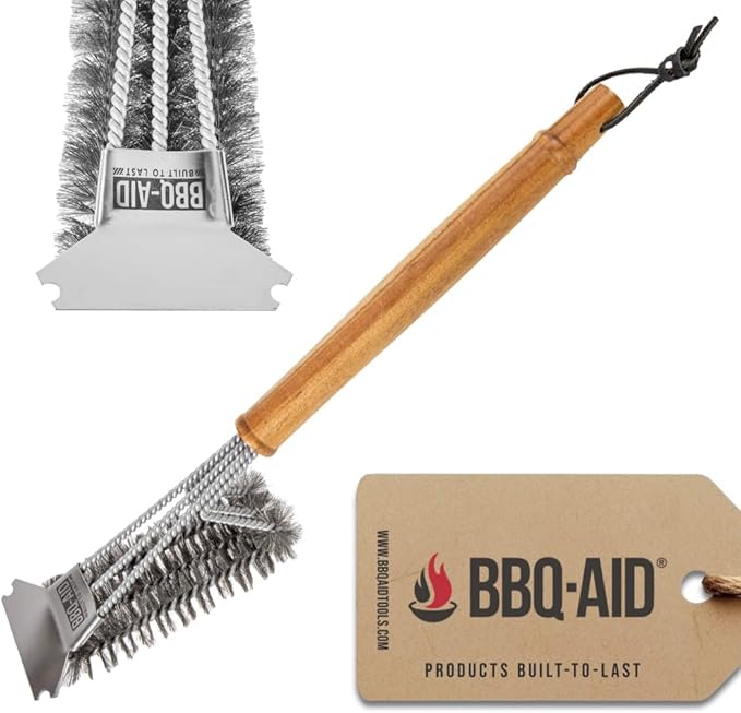 BBQ-AID All Angles BBQ Grill Brush for Outdoor Grill – Cleans All Angles Large Wooden Handle and Stainless Steel Bristles - BBQ Brush for Grill Cleaning – Grill Cleaner Brush Safe for BBQ and Grill