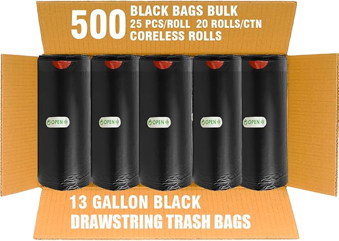 13 Gallon Trash Bags Drawstring 500 Count Bulk Value Pack Black &amp Unscented Garbage Bags Multi-purpose Tall Kitchen Trash Bags Can Liners for Business Home Commercial and Industrial