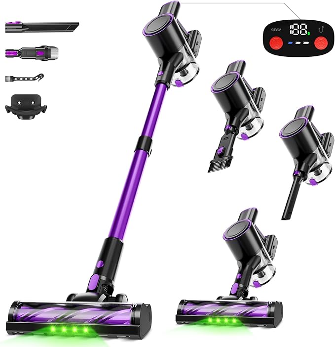 KIKETECH Cordless Vacuum Cleaner(Wide/Long Flat Brush Cleaning Brush Wall Mount) Stick Vacuum Cleaners for Home Handheld Vacuum Cleaners for Home for Pet Hair/Carpet/Floor (Purple)