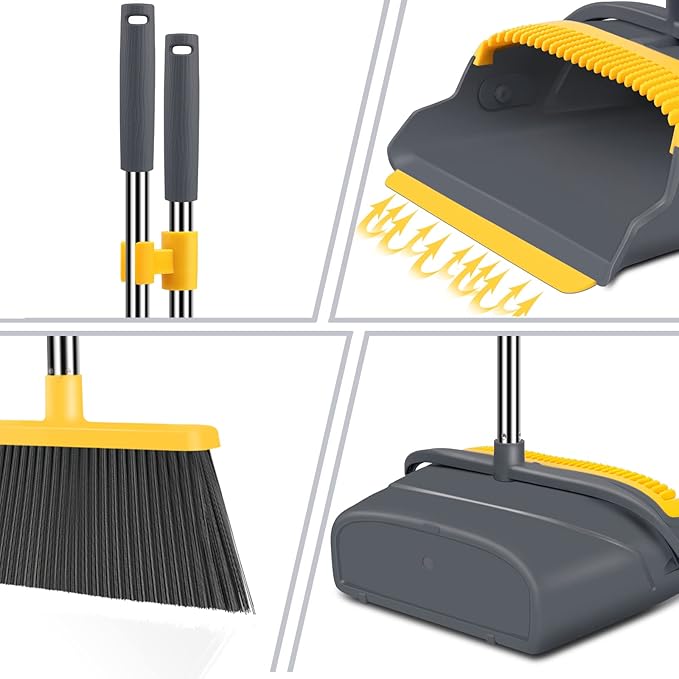 kelamayi Upgrade Broom and Dustpan Set Broom with Dustpan Combo Set Self-Cleaning with Dustpan Teeth Indoor&ampOutdoor Sweeping Stand Up Broom and Dustpan (Gray&ampYellow)