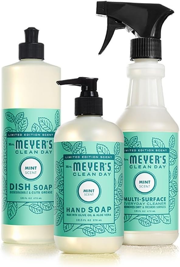 Mrs. MEYER'S Kitchen Set Dish Soap Hand Soap and Multi-Surface Cleaner 3 CT (Mint)