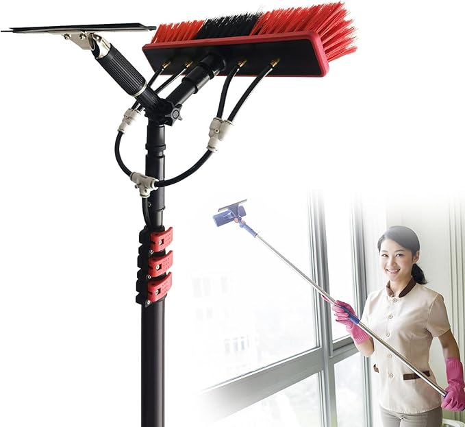 Glass Cleaning Brush Home Water Fed Telescopic Pole Kit Solar Panel Brush Rotating for Photovoltaic PanelAluminum Alloy Cleaning PoleWindow Retractable Water Fed Rod with Squeegee&amp 180° Ro