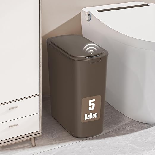 Cesun Bathroom Trash Can with Lid 5 Gallon Motion Sensor Trash Can Small Automatic Garbage Can Touchless Smart Plastic Slim Wastebasket for Bedroom Office rv Living Room Brown