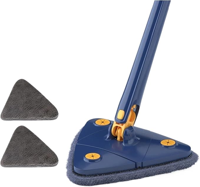 Extended Triangle Mop 360 Twist Squeeze Wringing XType Window Glass Toilet Bathrrom Floor Household Cleaning Ceiling Dusting(Blue and 2 Mop Cloth)