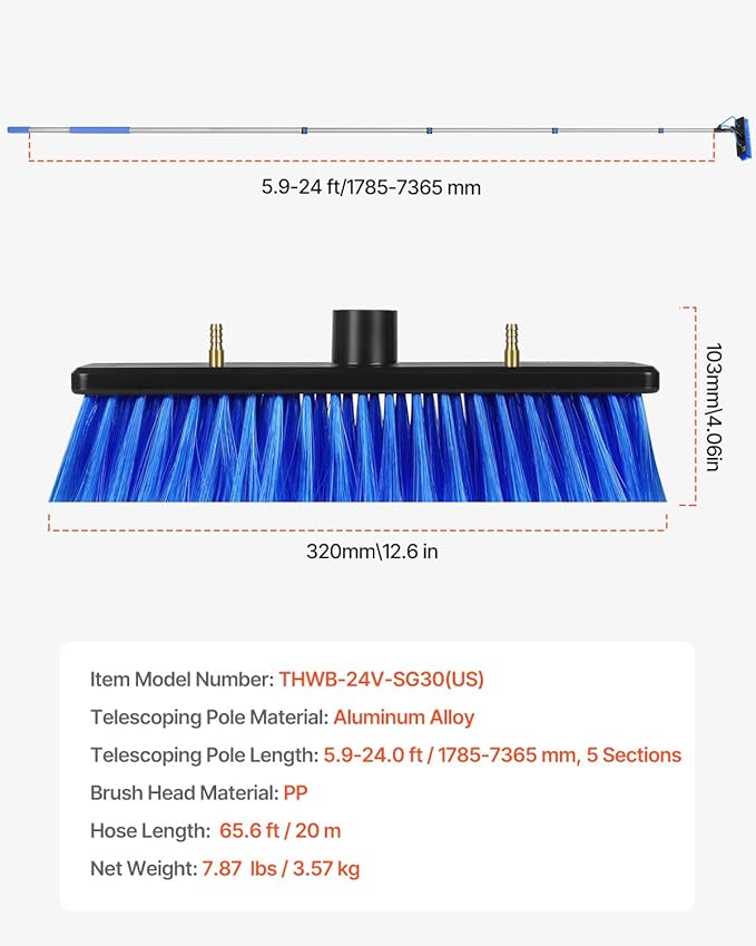 VEVOR Water Fed Pole Kit 24FT Solar Panel Cleaning Pole with Extendable Handle 180° Rotatable Brush Head &amp 65.6FT Hose Household &amp Outdoor Window Cleaner Tool for Caravan Solar Panel Deck