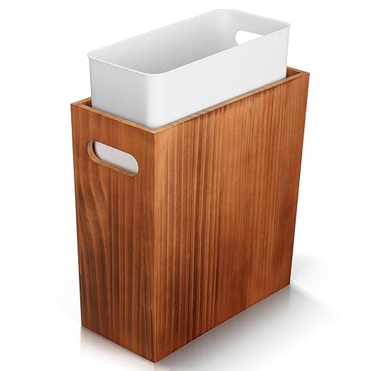 3 Gallon Wood Trash Can Solid Wooden Trash Can with Plastic Liner Handmade Slim Small Trash Can with Handle Fits Narrow Spaces Decorative Wastebasket for Bathroom Bedroom Office Kitchen