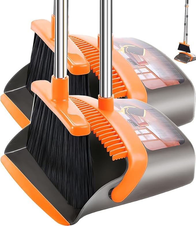 2-Pack is More economicalUpgraded Broom and Dustpanwith 52 Long Handle Dustpan Teeth with self-Cleaning Function Indoor and Outdoor Sweeping Perfect for Home Office (Large Size/Orange /2-Pack)