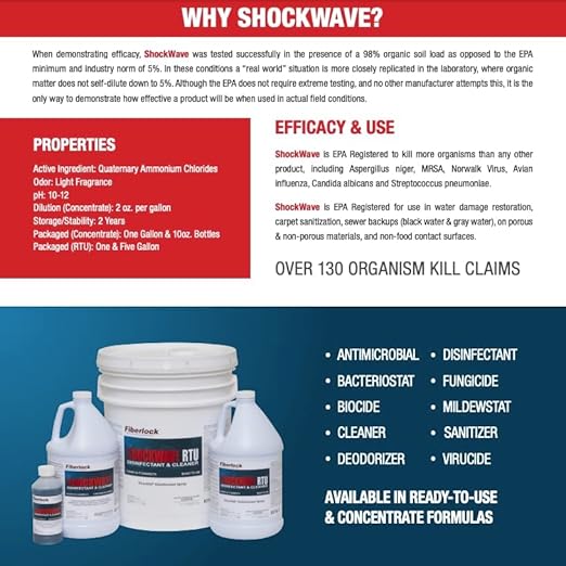 Fiberlock Shockwave Disinfectant Cleaner Concentrate 1 Gallon Ideal for Water Restoration &amp Flood Mitigation Hospital-Grade Disinfectant High-Yield Formula