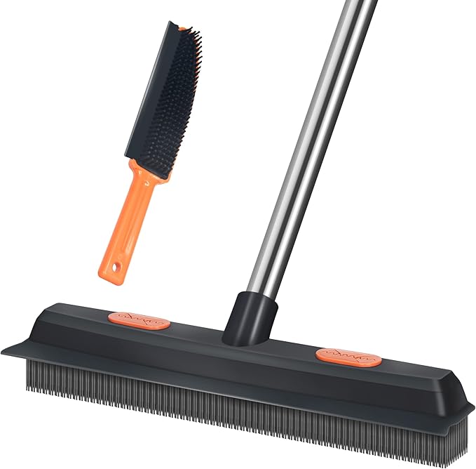 LandHope Carpet Rake for Pet Hair Remover Long Handle with Squeegee Rubber Broom Carpet Brush Non Scratch Bristles Fur Remover Indoor Outdoor Push Broom for Cat Dog Hair Hardwood Tile Windows Clean