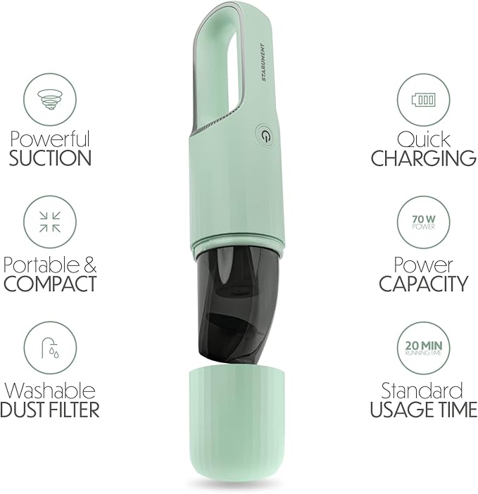 STARUMENT Vacuum Cleaner for Dust Pet Hair Dirt Home Car Interior Lightweight Portable Handheld Cordless Easy to Use Compact Design Battery Rechargeable with USB-C Cable (Mint Green)