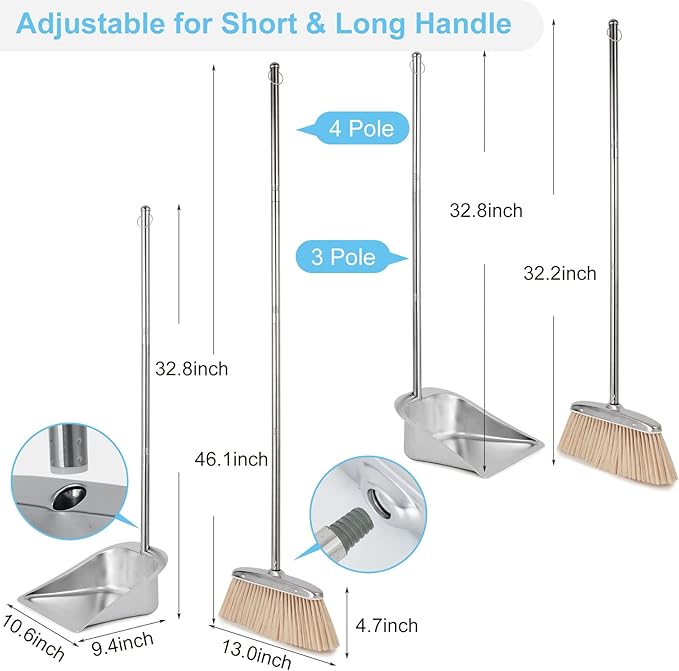 VOOWO Broom and Dustpan Set for Home Stainless Steel Broom and Dustpan Set with Long Handle Heavy Duty Dustpan Broom Set Standing Dust Pan Kitchen and Home Indoor Outdoor Broom