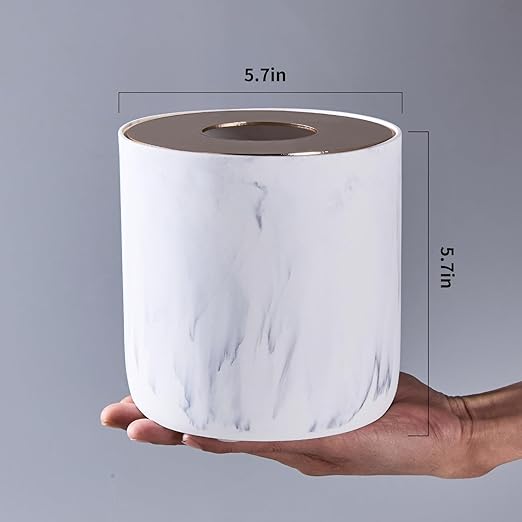 White Marble Textural Mini Trash Can with Rose Gold Stainless Steel Lid Small Countertop Trash Can for Bathroom KitchenDesk Trash CanTable top Mini Garbage CansResin Tiny Waste Basket for Vanity