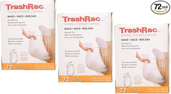 Trashrac 5 Gal. Trash Bags Handle Tie - 72 Count (Pack of 3)