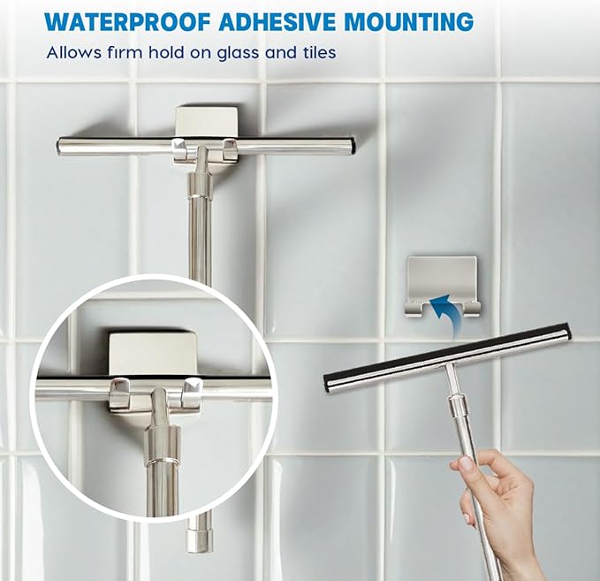 Shower Squeegee with Long Handle and Adhesive Hook. for Glass Doors Tile Walls Mirrors and Windows. Telescoping Squeegee for Cleaning. Bathroom Stainless Steel Squeegee 10inch Wide Chrome – 1pk