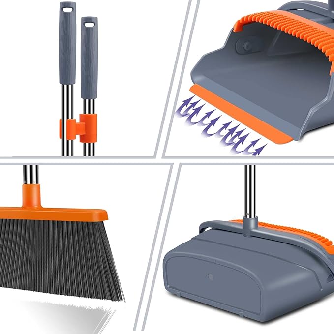 kelamayi Upgrade Broom and Dustpan Set Self-Cleaning with Dustpan Teeth Indoor&ampOutdoor Sweeping Ideal for Dog Cat Pets Home Use Stand Up Broom and Dustpan (Gray&ampOrange)