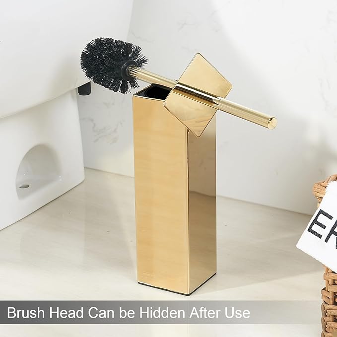 Gold Square Stainless Steel Toilet Brush with Holder 304 Modern Toilet Brush Set – Rust Resistant Long Handle Replacement Heads Floor Standing Bathroom Toilet Cleaning Brush