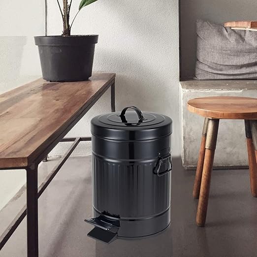 Bathroom Trash Can with Lid Small Waste Basket for Home Bedroom Retro Step Garbage Can with Soft Close Vintage Office Trash Can 5 Liter/ 1.3 Gallon Glossy Black