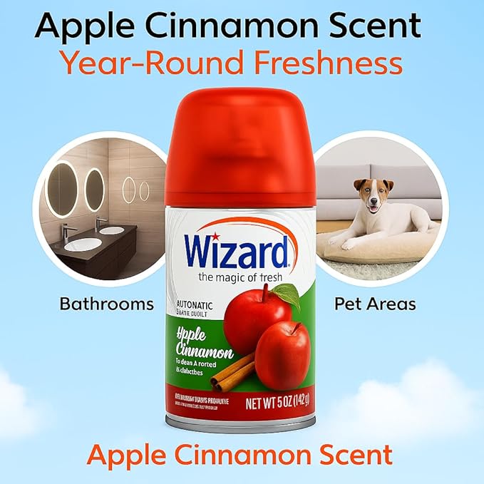 Wizard Automatic Spray Refill – Apple Cinnamon 5 oz (12 Pack) | Compatible with Air Wick Freshmatic &amp Glade Dispensers | Long Lasting Odor Neutralizer for Home &amp Office