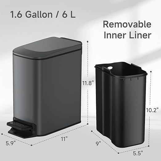 TIPGO Slim Bathroom Trash Can with Lid Soft Close 6 Liter / 1.6 Gallon Stainless Steel Garbage Can with Removable Inner Bucket Step Pedal Small Trash Cans for Bedroom Office Kitchen (Grey)
