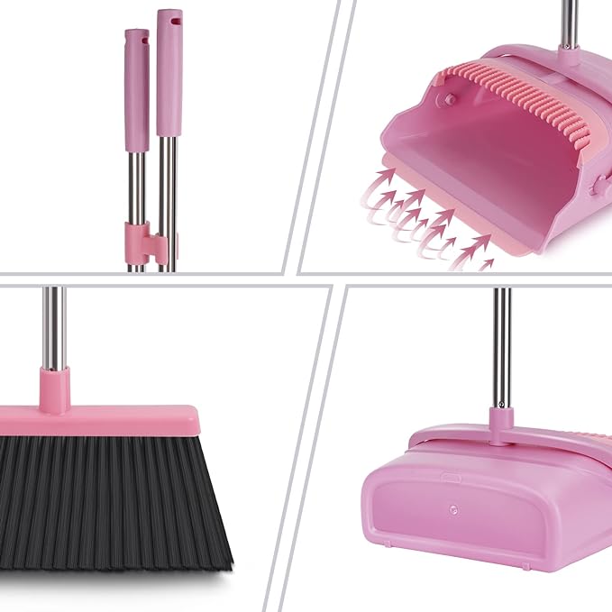 kelamayi Broom and Dustpan Set for Home Office Indoor&ampOutdoor Sweeping Stand Up Broom and Dustpan (Pink)