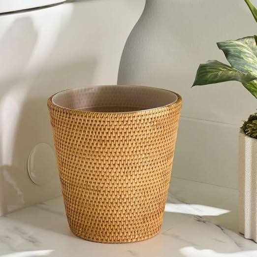 Hand-Woven Rattan Wastebasket with Removable Liner Natural Honey-Brown 11 Inch Height 2.5 Gallon Capacity Bathroom Bedroom Trash Bin