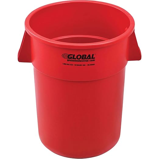 Global Industrial Commercial Round Trash Can 55 Gallon Capacity Plastic Garbage Can Indoor and Outdoor Utility Trash Can Red 26-1/4W x 33-1/8H No Lid