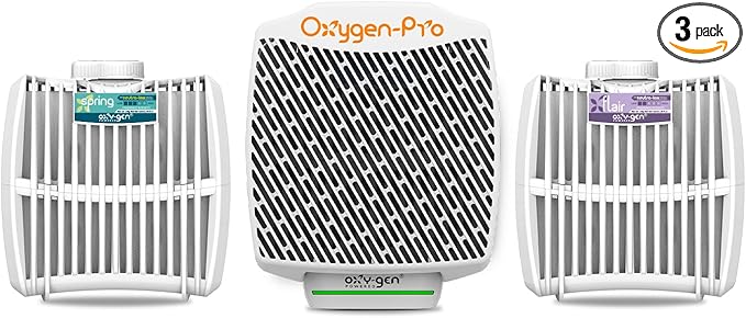 Oxygen-Pro - Starter Kit - Commercial Air Freshener and Deodorizer Wall Mounted Battery Operated Automatic Dispenser Odor Eliminator and Fragrancing System (Light Scent) 120 Day Supply