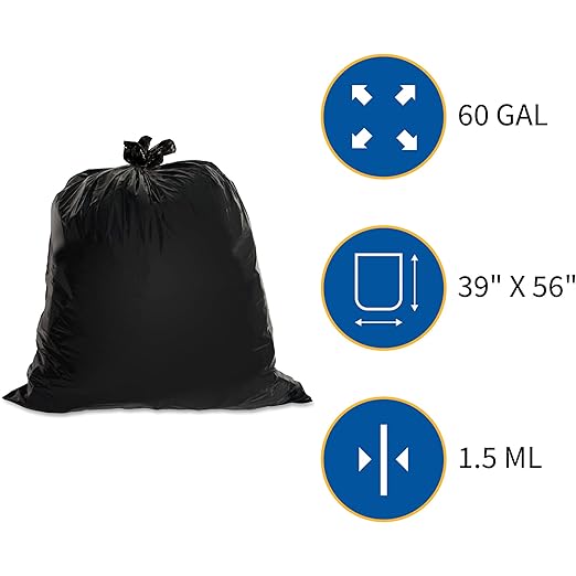 Genuine Joe GJO01535 Heavy Duty Low-Density Puncture Resistant Can Liner 60 gallon Capacity 56 Length x 39 Width x 1.50 mil Thickness Black (Box of 50)