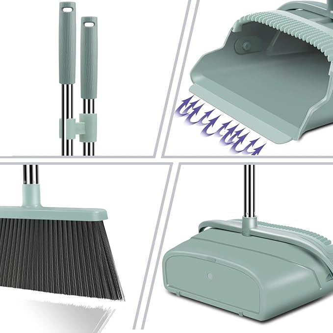 kelamayi Upgrade Broom and Dustpan Set Large Size and with Long Handle UprightIdeal for Indoor Outdoor Garage Kitchen Room Office Lobby Use (Green)