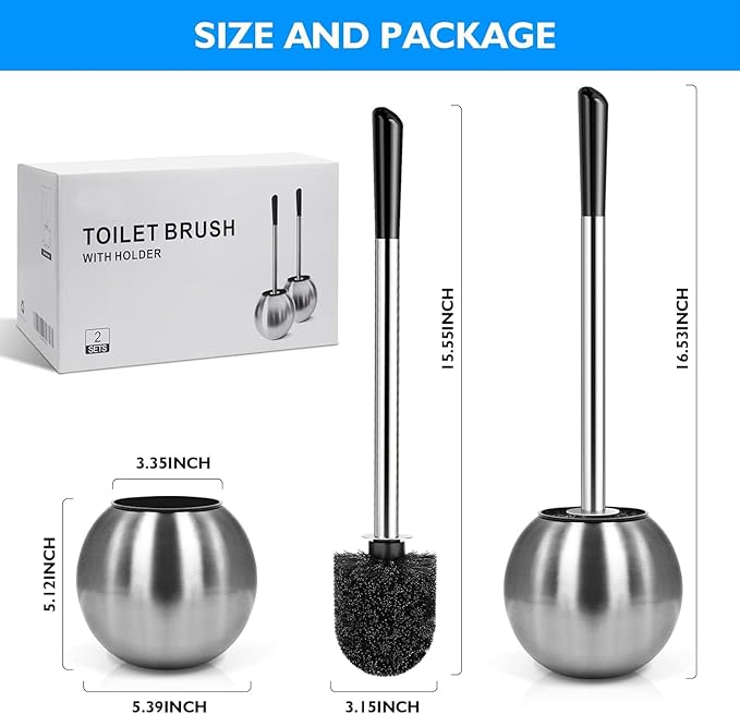 Toilet Brush and Holder 2 Pack 304 Stainless Steel Toilet Brush with Extended and Durable Comfortable Brush Handle Toilet Bowl Brush for Bathroom Toilet - Ergonomic Pratical Durable
