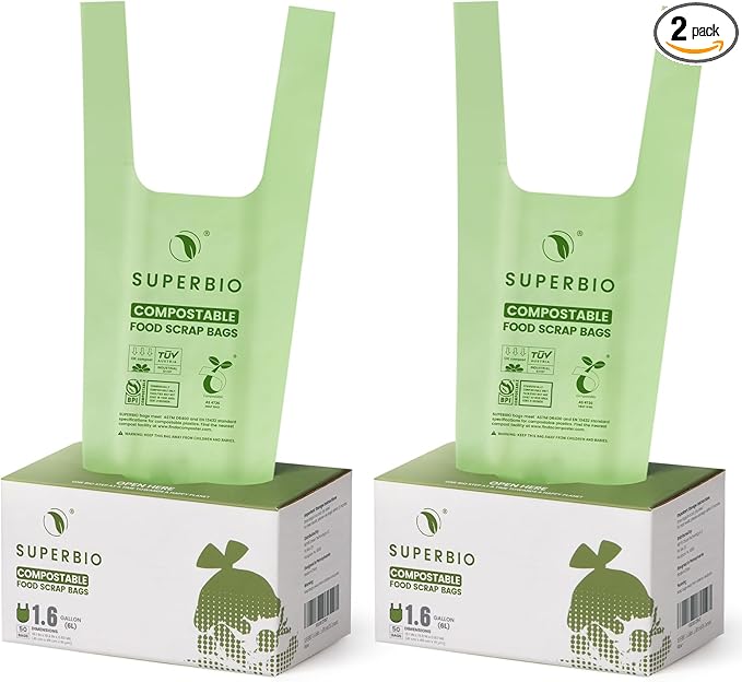 SUPERBIO 1.6 Gallon Handle Tie Compostable Food Scrap Bags Small Compost Bags with Handles 50 Count 2 Pack BPI &amp OK compost INDUSTRIAL