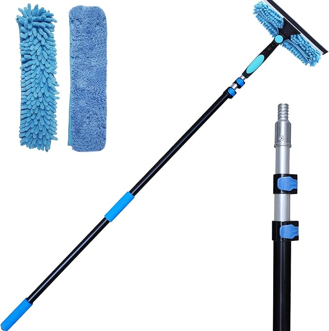 20 Ft+ Reach 2 In 1 Window Squeegee Duster with 5-to-12 Foot Extension Pole Cleaner Tool with 3-Stage Telescoping Pole Cleaning Kit with Rotatable Head - Chenille Cloth + Microfibre Cloths Head