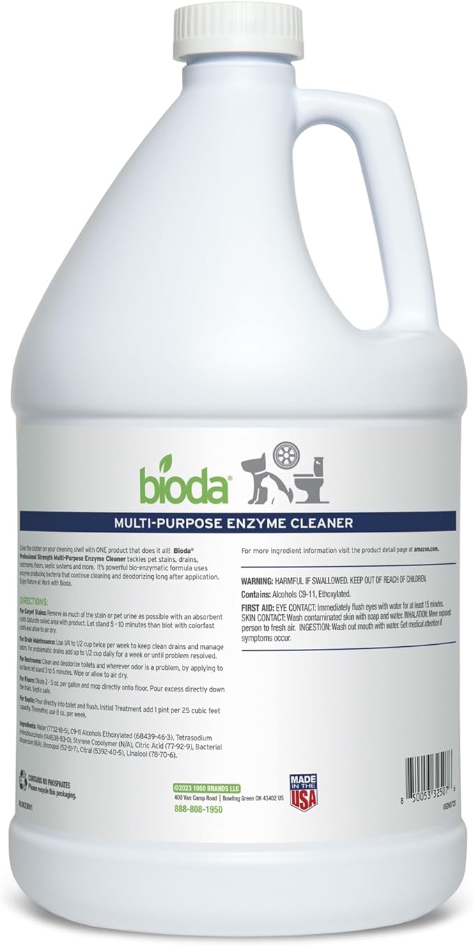 Bioda Multi-Purpose Probiotic Enzyme Cleaner and Deodorizer | Professional Strength | Trash Can Deodorizer Pet Stains and Odors Drains Floors Bathrooms Toilets | Made in USA | 1 Gallon | 4 Pack