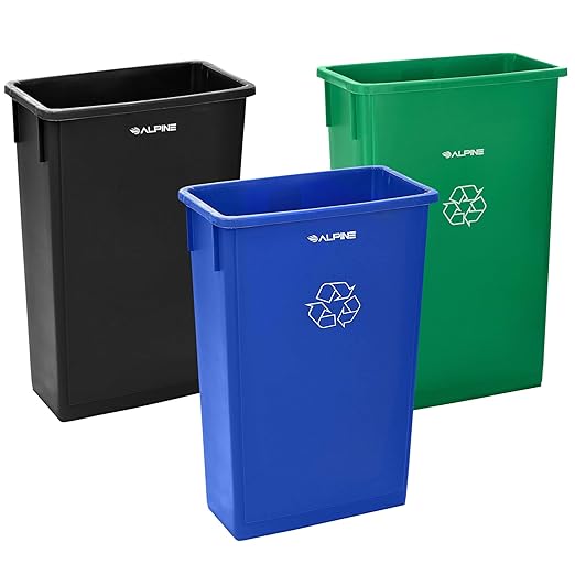 Alpine 23 Gallon Slim Recycling &amp Trash Bin Set – 3-Pack Blue/Black/Green Plastic Narrow Open-Top Garbage Cans for Office Home School &amp Commercial Use