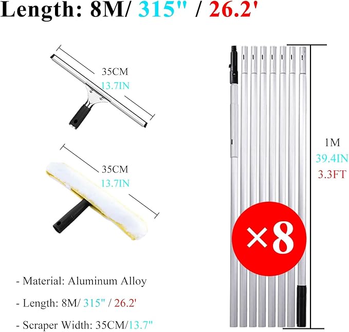 Window Cleaner Tool for High Windows 33 26 20 14 Feet 8 5 Ft Professional Extendable Cleaning Tool Kit/Telescopic Poles Bars for Indoor Outdoor Washing Glasses with Squ8m/315in/26.2ft