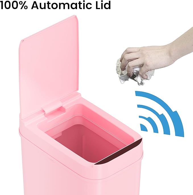 iTouchless 3 Gallon Sensor Bathroom Trash Can 10 Liter Slim Touchless Automatic Small Garbage Bin with Lid Narrow Smart Motion Control Commercial Wastebasket for Bedroom Office Pink Plastic