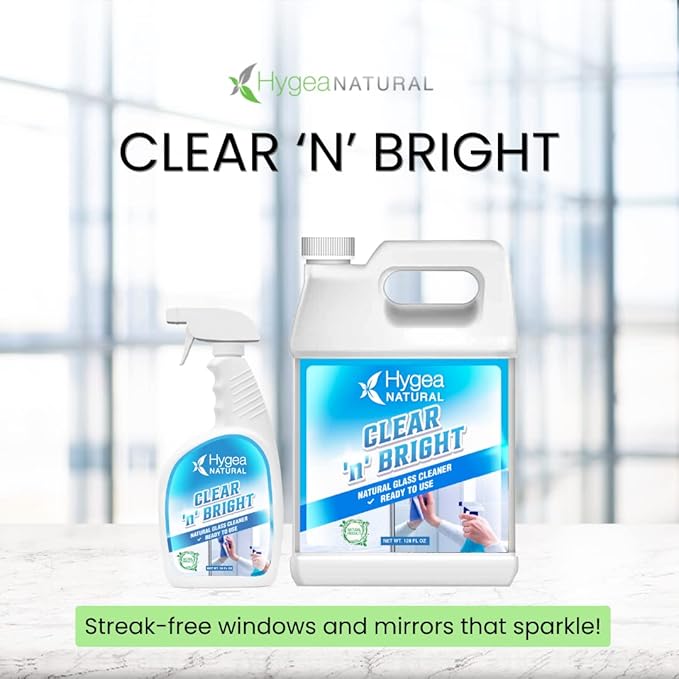 Hygea Natural Clear 'n' Bright - Non-Toxic Glass Cleaner Spray - Streak-Free &amp Ammonia-Free Window Cleaning - Window &amp Mirror Cleaning Supplies - Safe &amp Fast (3 Pack 24oz Spray)