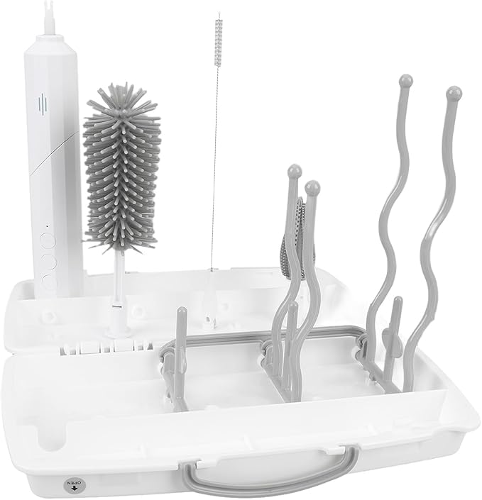 Yinhing Electric Bottle Brush Set with 3 Speed Settings 2 Replaceable Heads Rechargeable Design Includes Convenient Drying Rack for Effortless Bottle and Maintenance