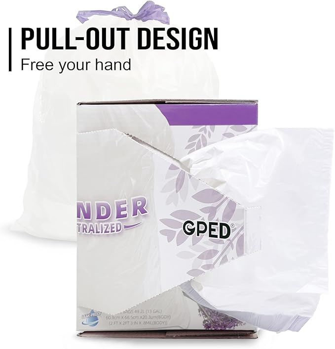 8NET 13 Gallon Kitchen Drawstring Trash liners Bags | 0.8 Mil | 24 x 27 - 100 Count Per Box (Box of 2) | Kitchen Home Office Bedroom Garbage Bags | Lavender Fresh Scent | White